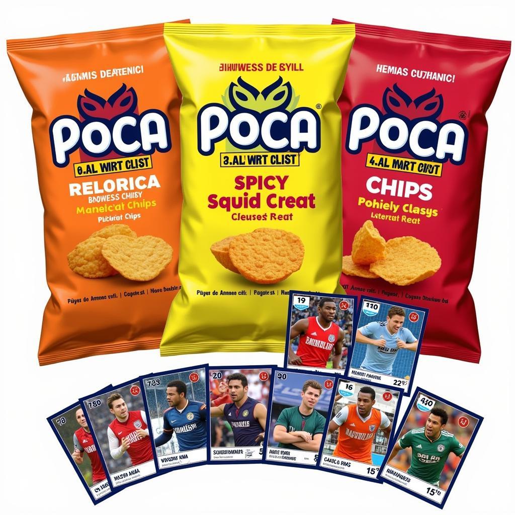 An assortment of Poca chip flavors with several player cards displayed prominently.