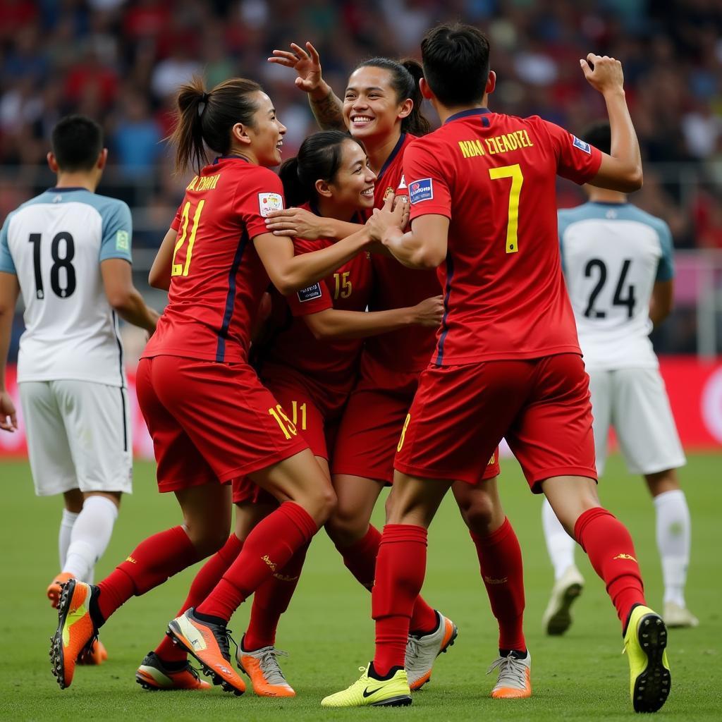 Vietnamese players celebrating their hard-fought victory against Indonesia in a highly anticipated football match.