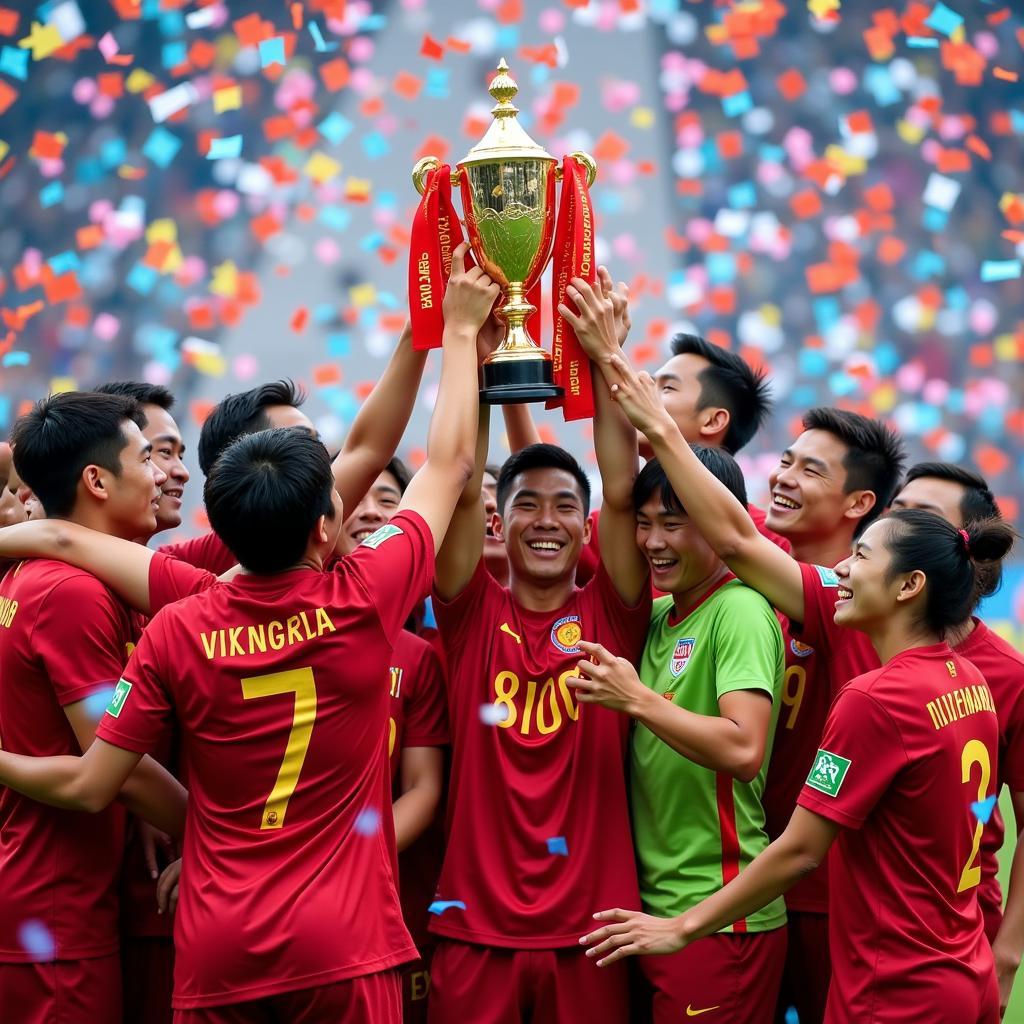 Vietnamese players celebrating their AFF Suzuki Cup 2018 victory.