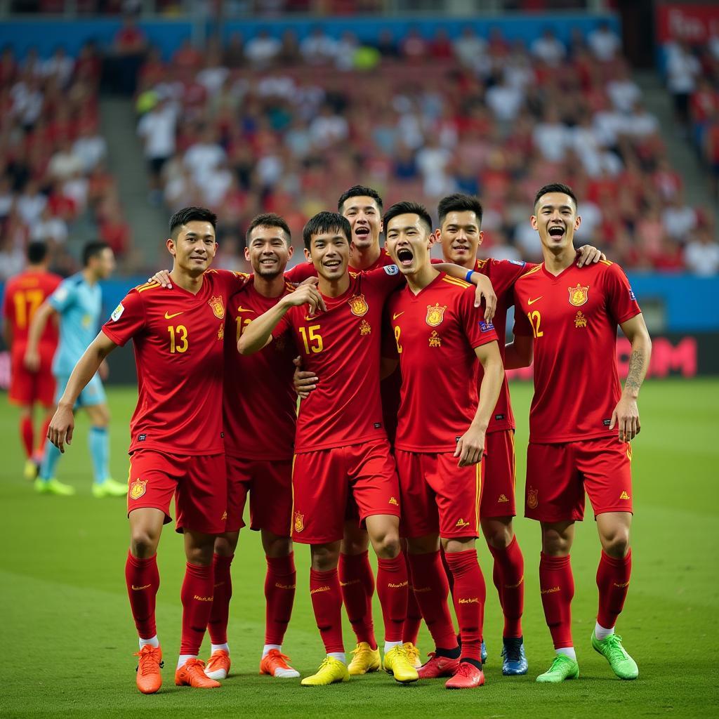 Vietnam national football team celebrating a victory.