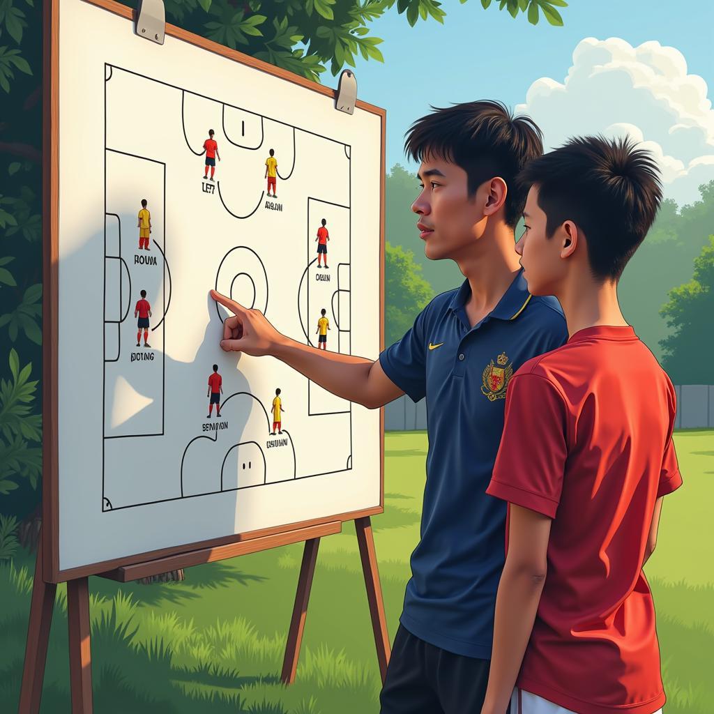 Vietnamese Football Coach Mentoring a Young Player