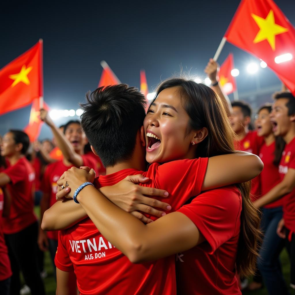 Vietnamese football fans enthusiastically celebrate a victory, waving flags and cheering loudly, showcasing their passionate support for the national team.