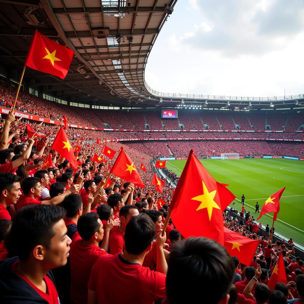 Vietnamese football fans cheering in a packed stadium