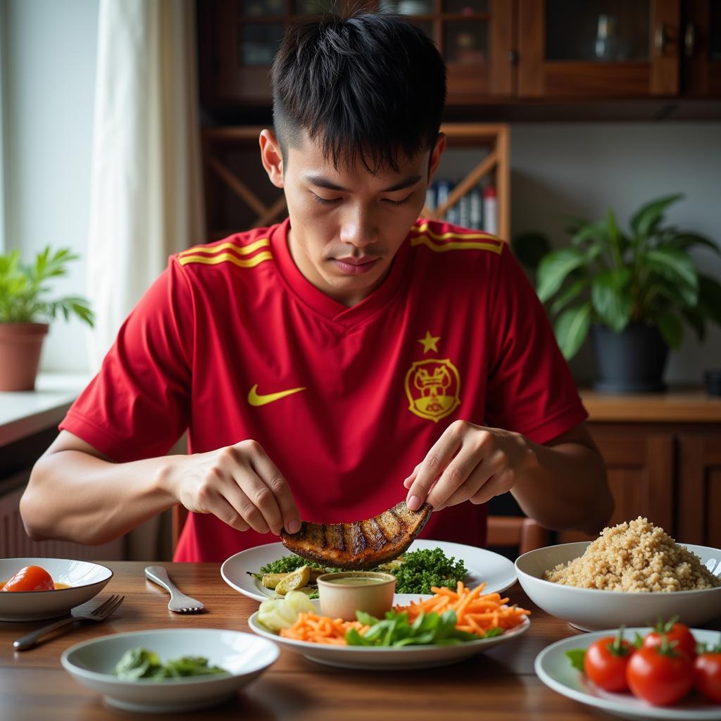 Vietnamese Football Player Consuming Healthy Foods