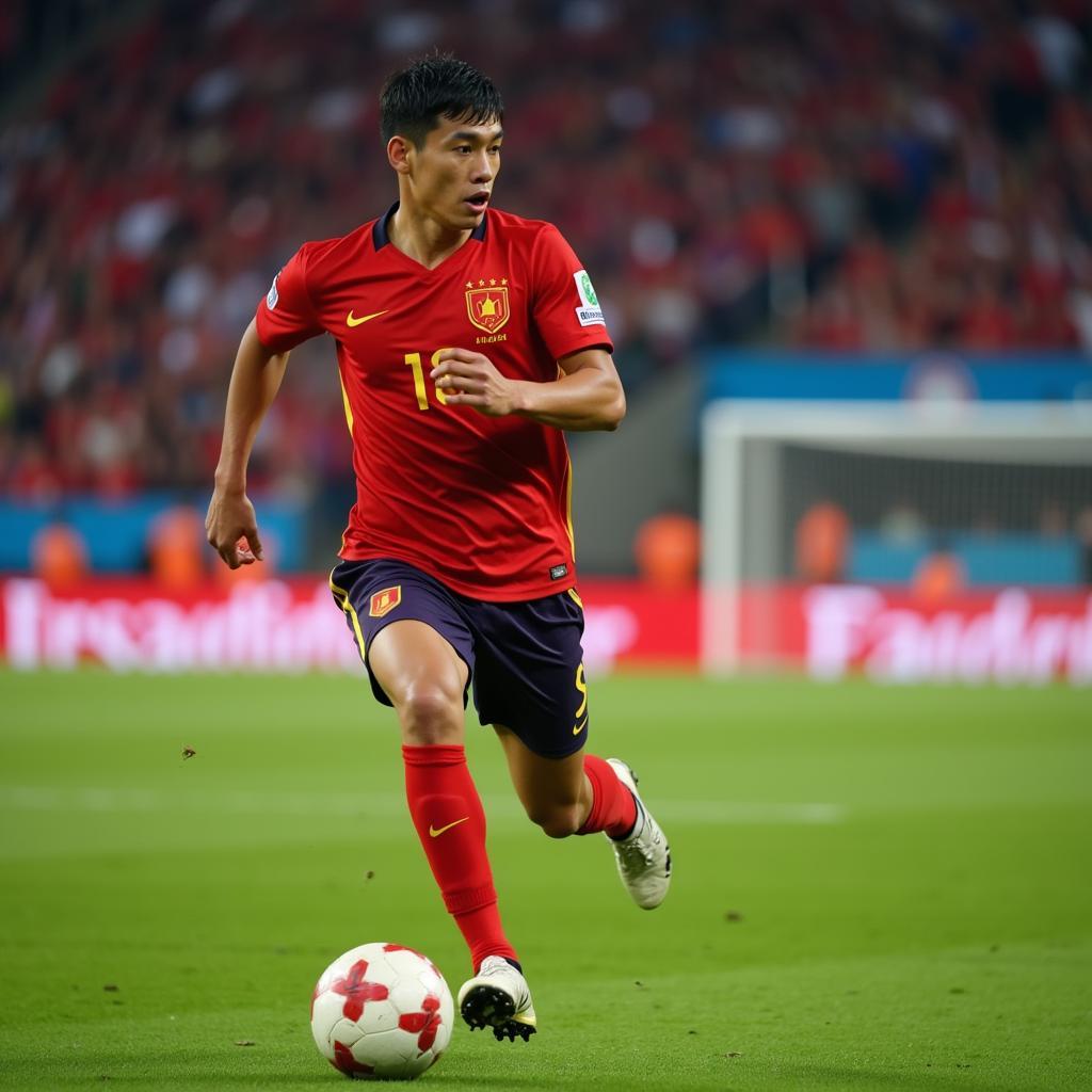 Vietnamese Football Player Sprinting with the Ball