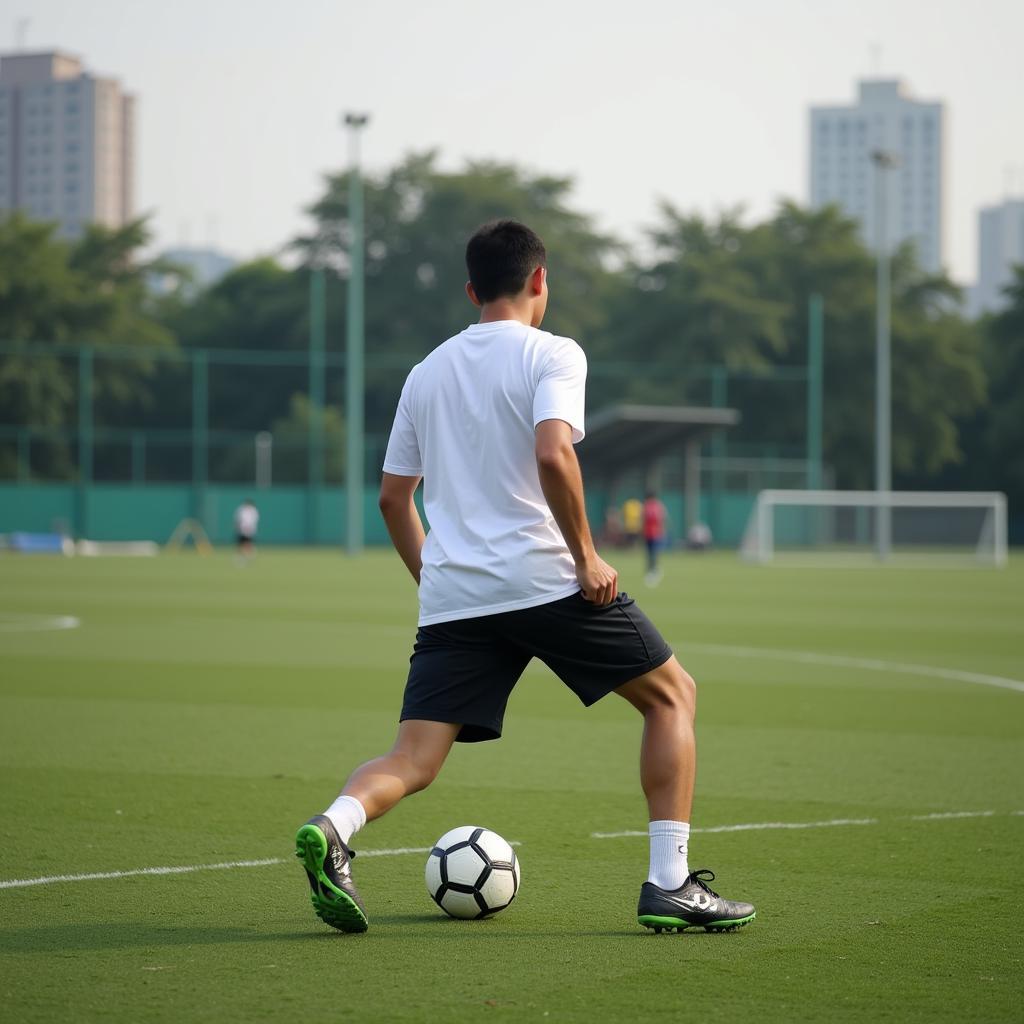 A Vietnamese Football Player Training Alone