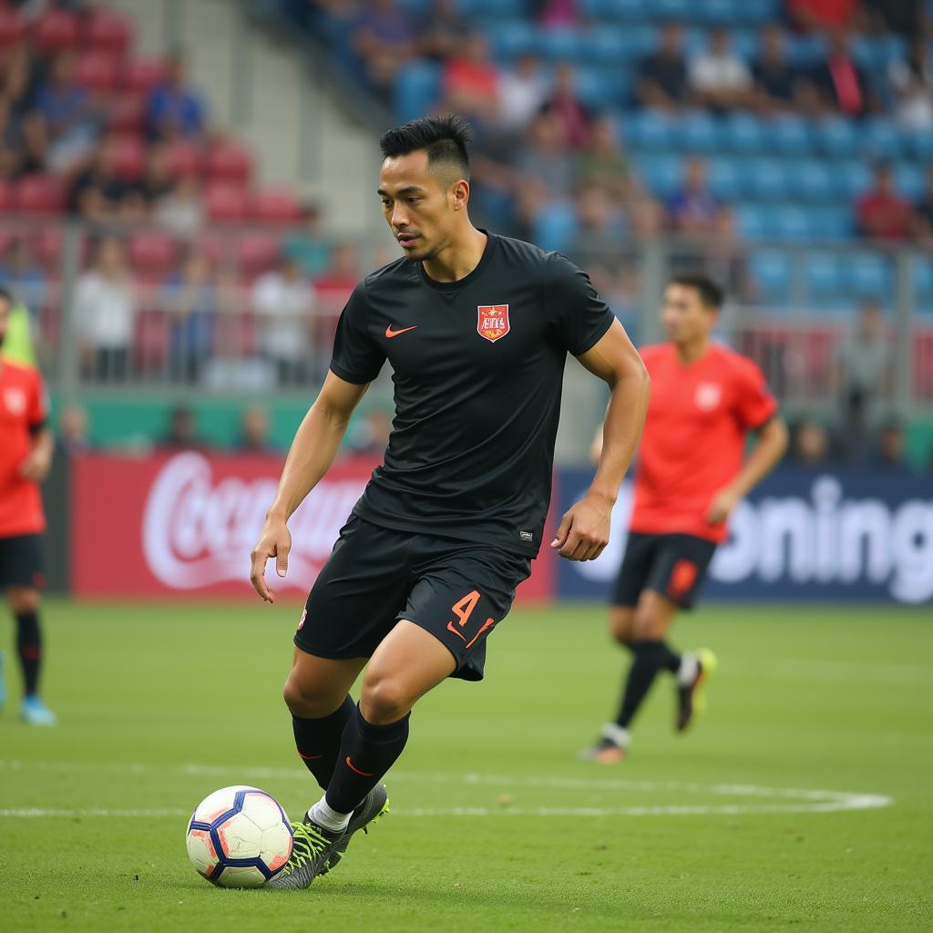 A Vietnamese football player undergoing intense training, demonstrating the dedication and physical effort required to excel in the sport.