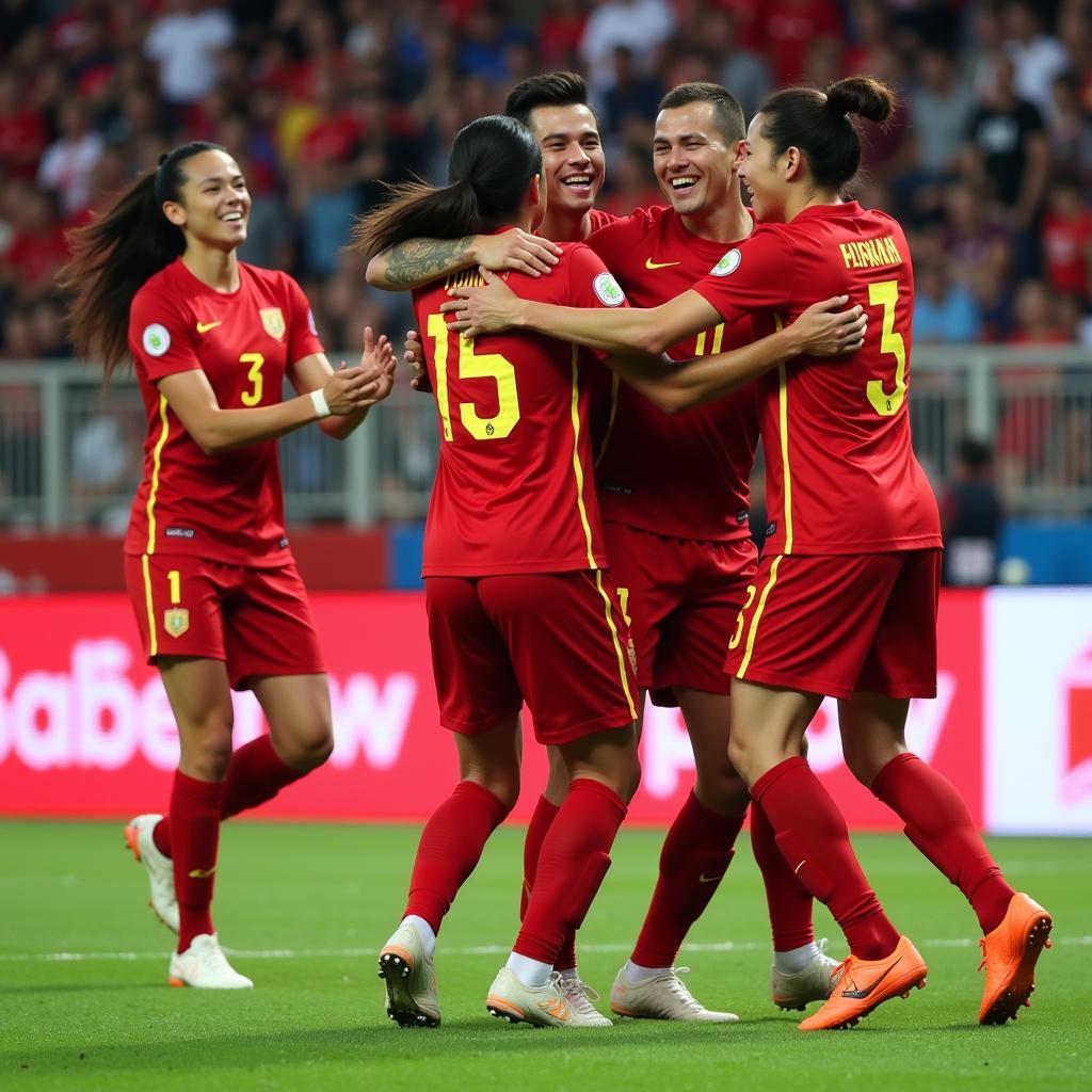 Vietnamese football players celebrating a hard-fought victory