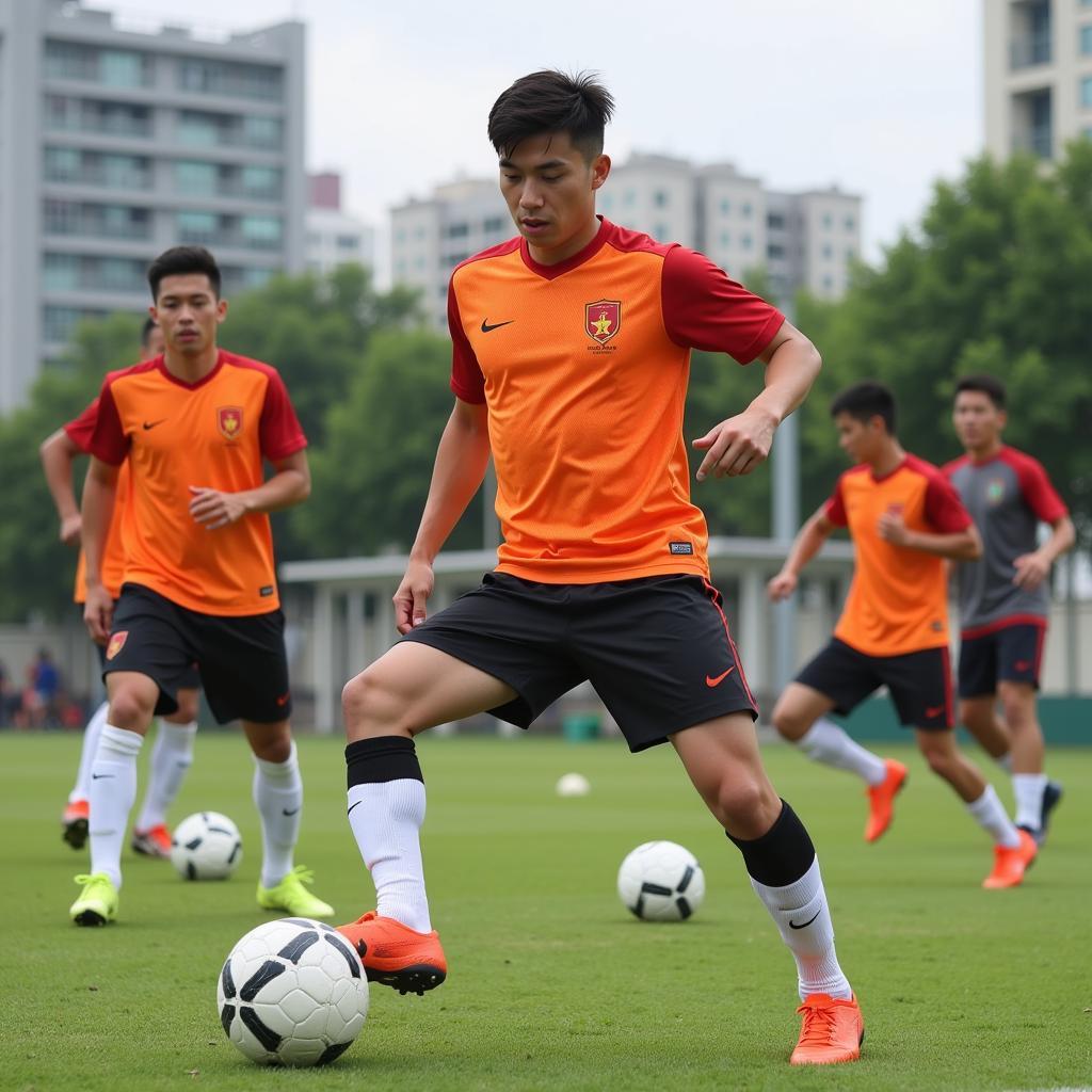 Vietnamese Football Players Training Intensely