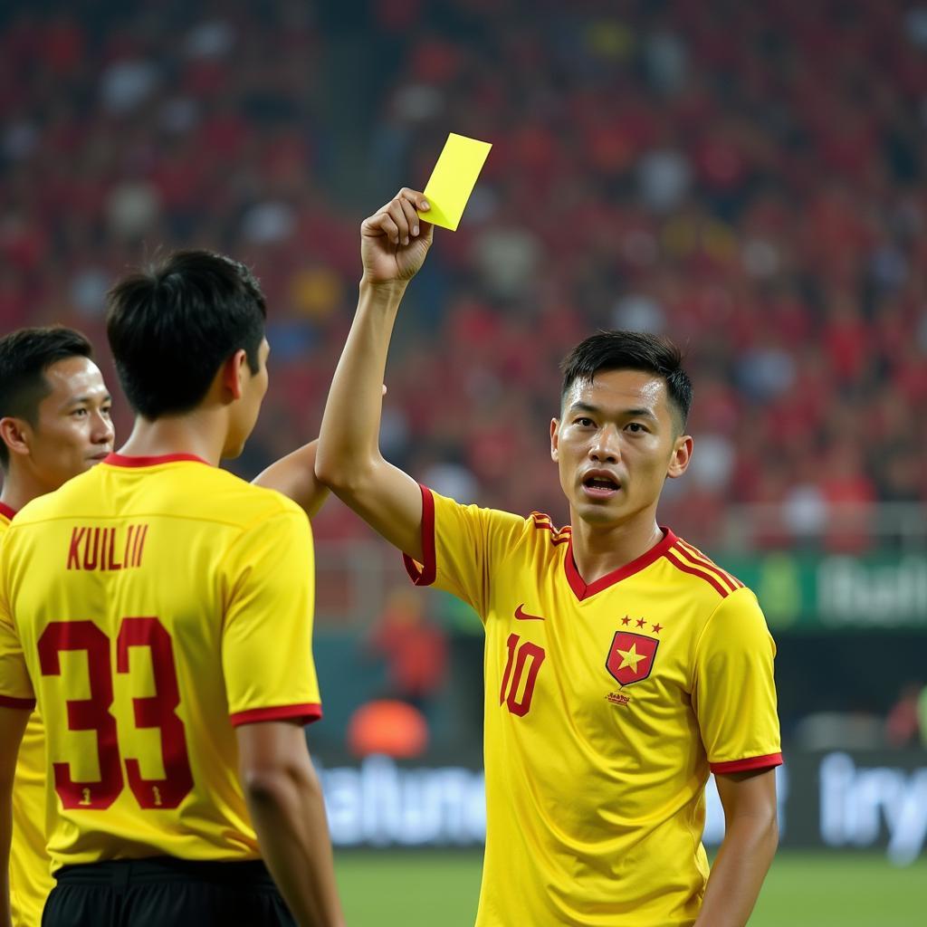 Vietnamese football players receiving yellow cards during a match