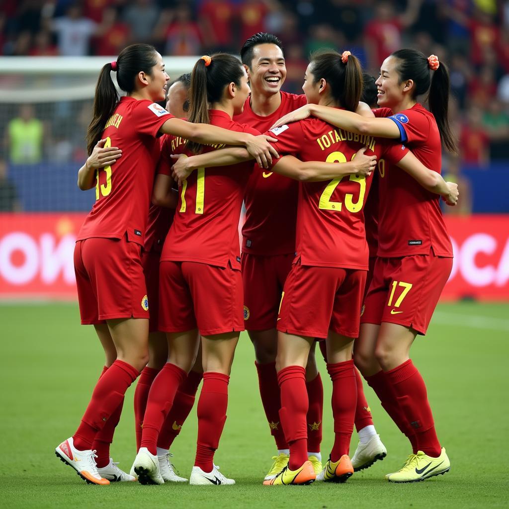 Vietnamese football team celebrating a victory