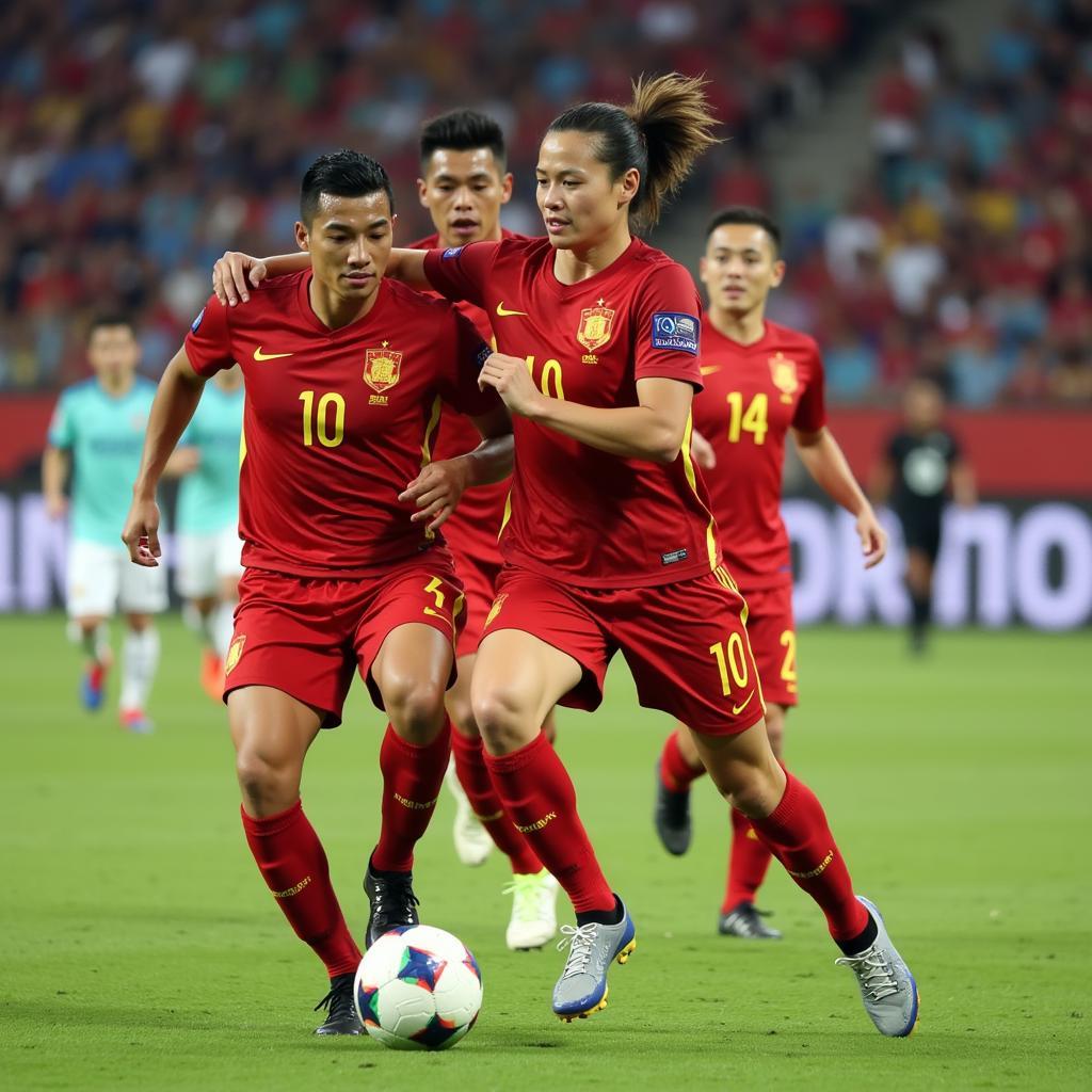 Vietnamese U23 players in action during a football match.