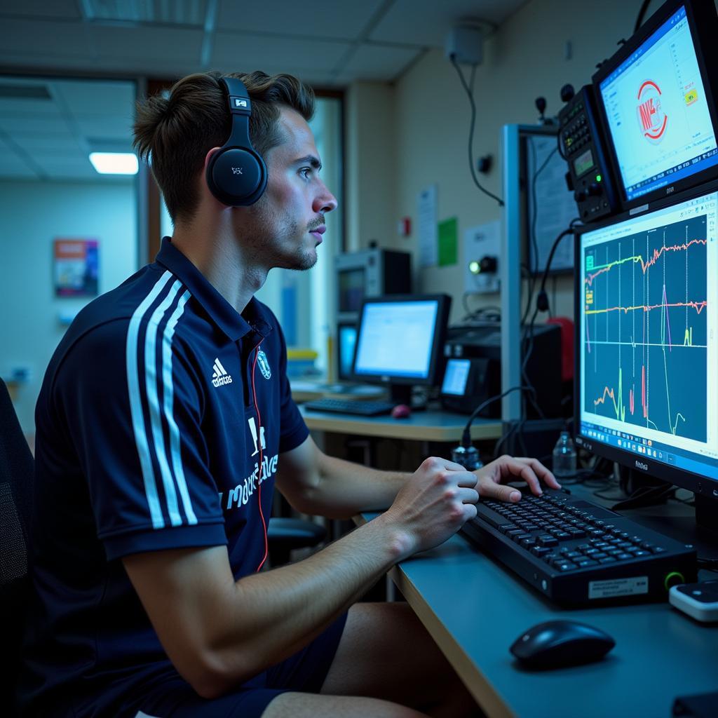 A footballer undergoing a VO2 max test in a sports lab.