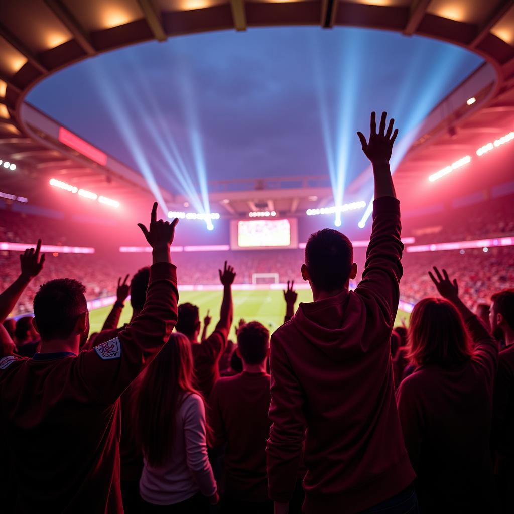 West Ham fans cheering their team at the London Stadium during a match.