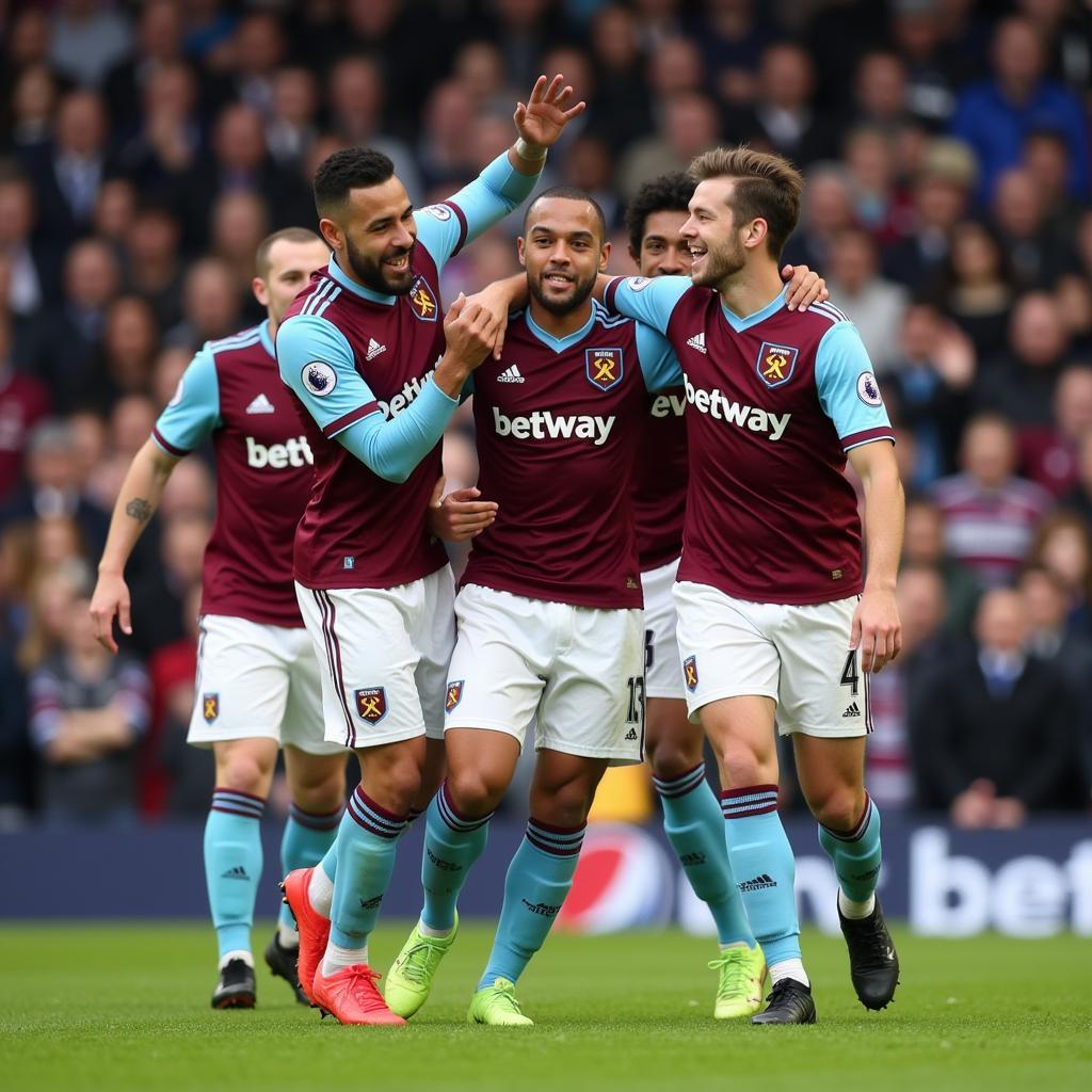 West Ham players celebrating a goal after scoring against their opponents