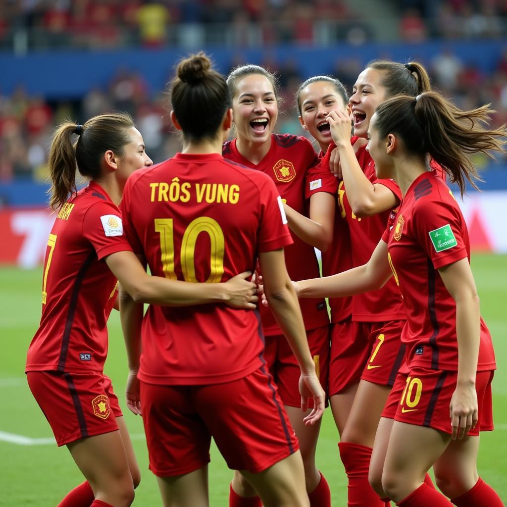 The Vietnamese women's national football team celebrating a victory.