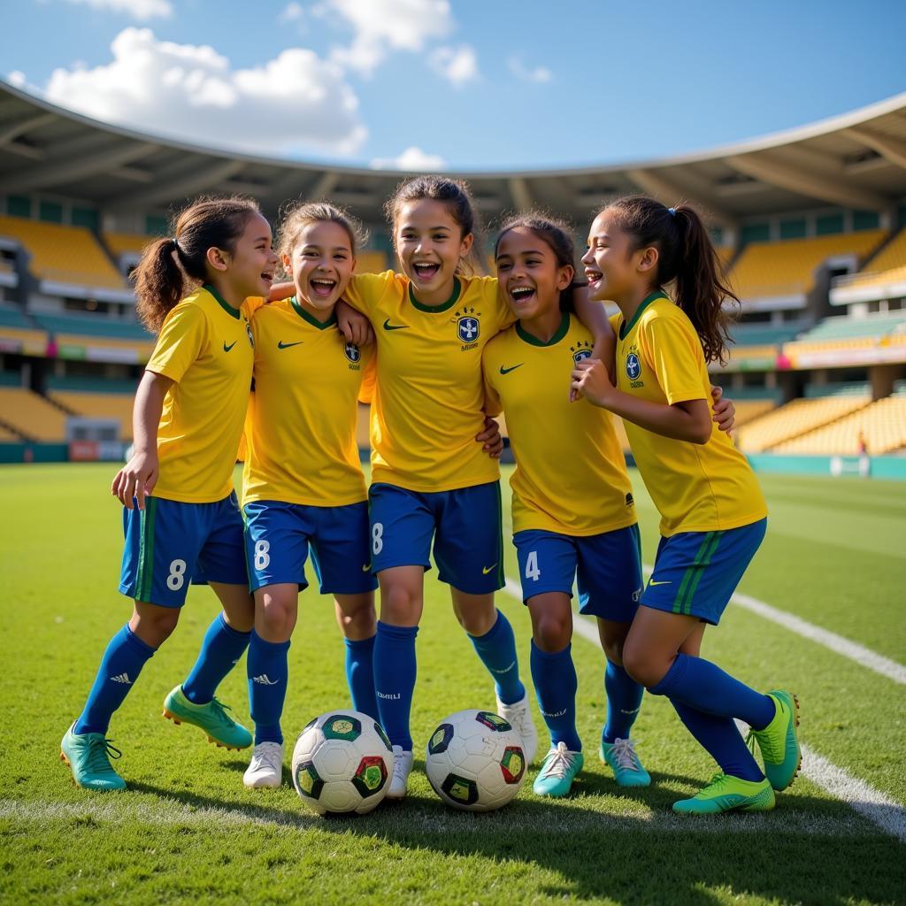 Young Brazilian Footballers Celebrating a Goal