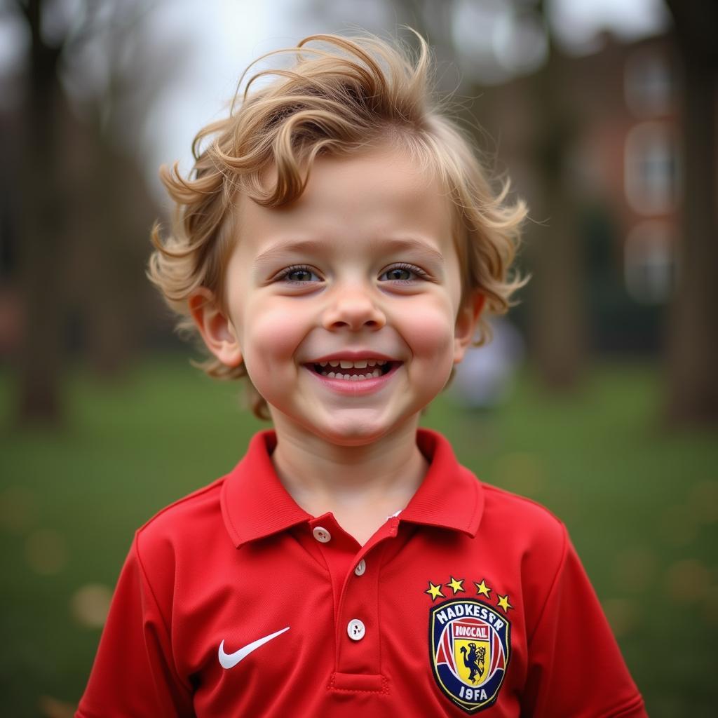 A young fan proudly wearing an Erling Haaland Manchester City jersey.