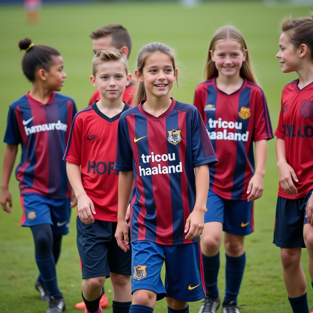 Young football players proudly wearing their tricou Haaland jerseys during a training session