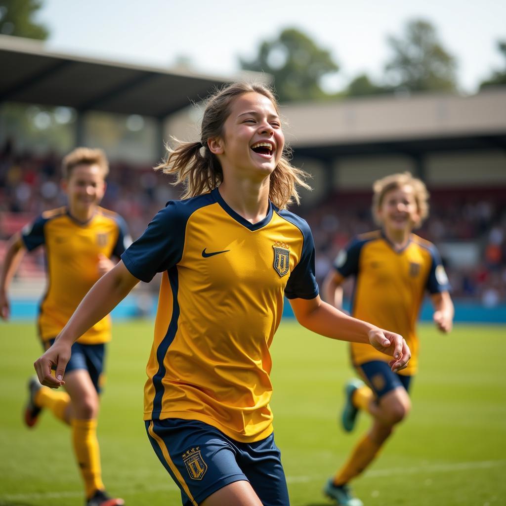 Young Footballer Celebrating a Goal with Teammates