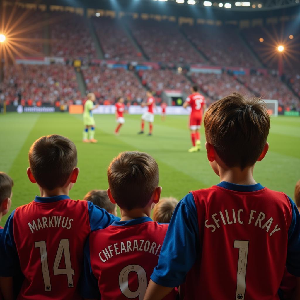 Young footballers watching a professional match, inspired by their role models