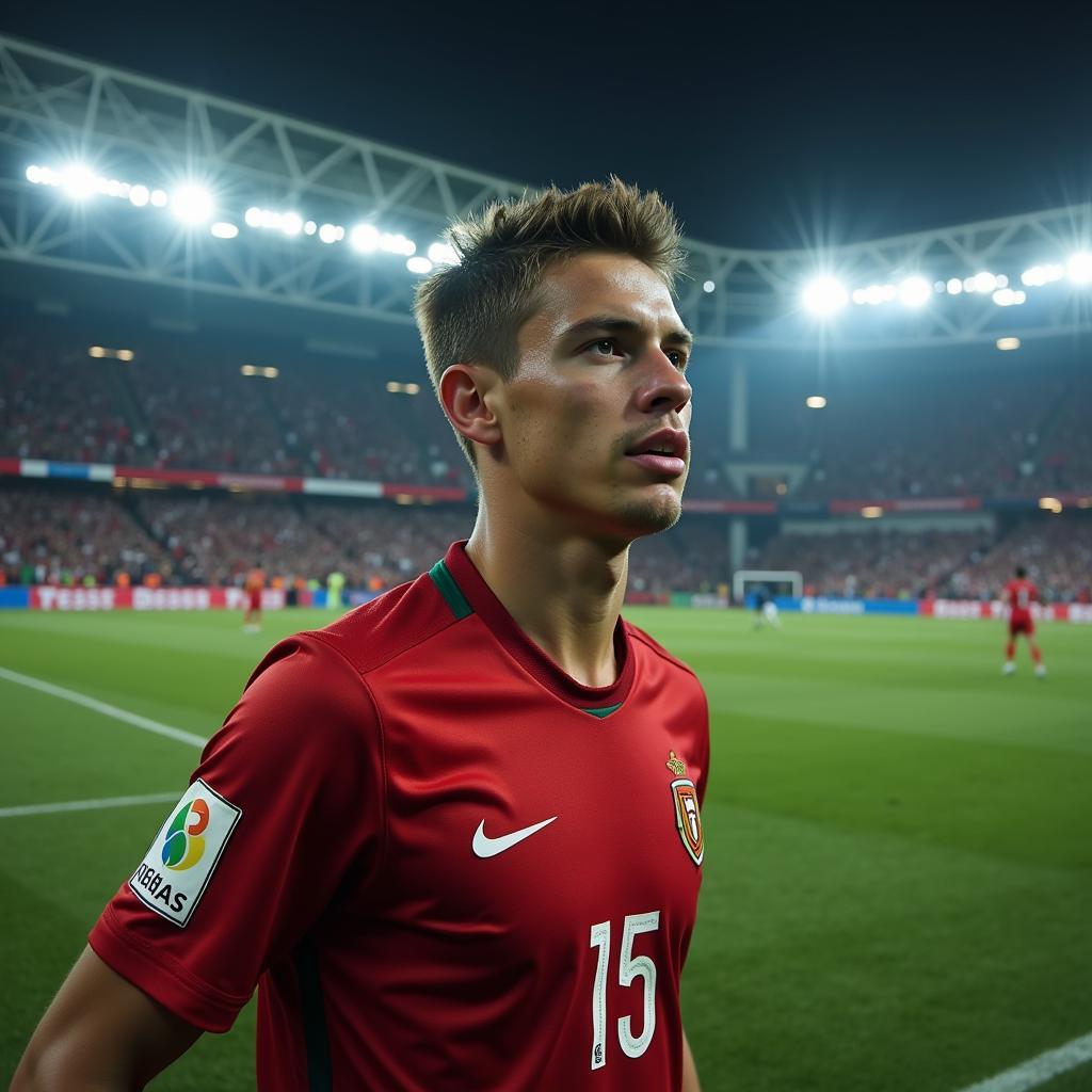 A young football player feeling the pressure of a World Cup match.