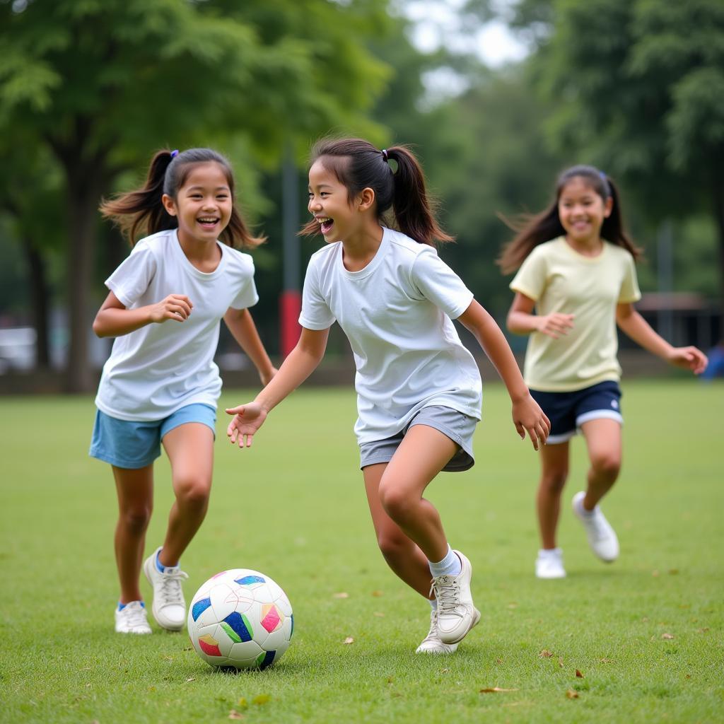 Young Thai girls playing football in a park